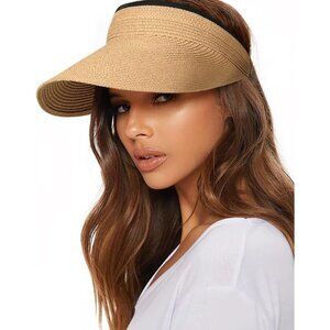 🆕Women Khaki Straw Paper Visor Summer Beach Hat Packable Wide Brim Sun Hat